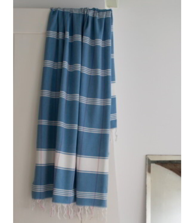 organic hamamdoek biokatoen oceaanblauw wit 170x100cm