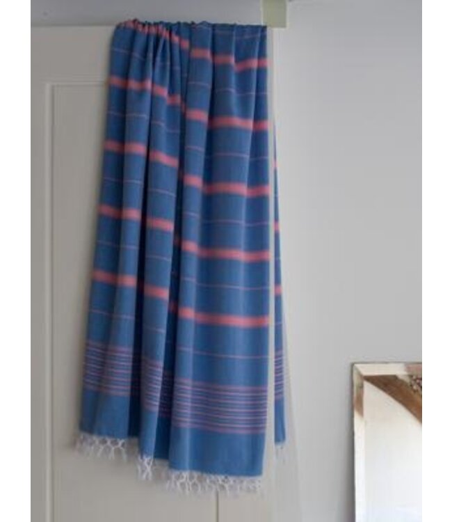 2 kleuren XXL hamamdoek mediteraanblauw/zuurstokroze 220x160cm