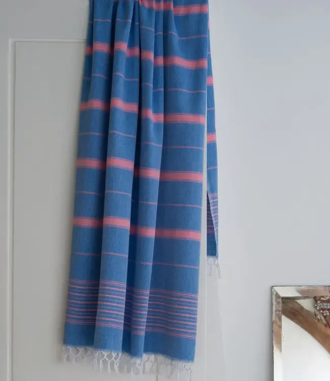 Ottomania 2 kleuren hamamdoek mediteraanblauw/zuurstokroze 170x100cm