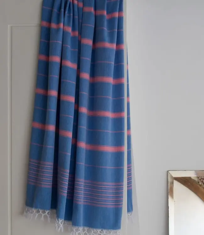 2 kleuren hamamdoek mediteraanblauw/zuurstokroze 170x100cm