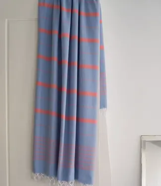 Ottomania 2 kleuren hamamdoek blauw/koraalrood