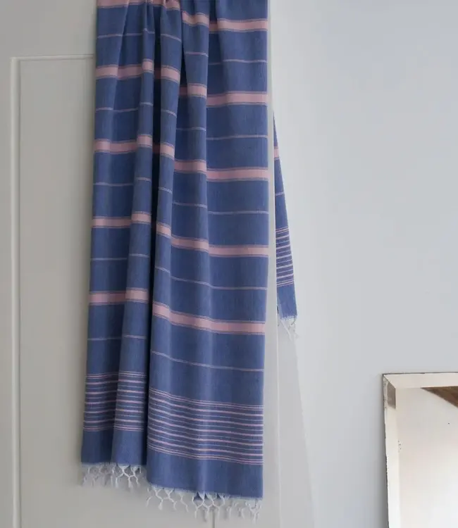 Ottomania 2 kleuren hamamdoek parlementblauw/poederroze 170x100cm