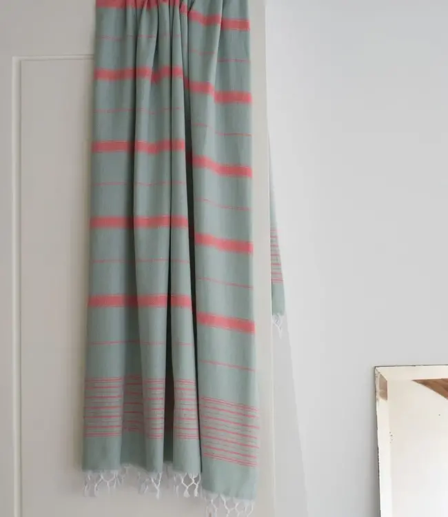 Ottomania 2 kleuren hamamdoek grijsgroen/koraalrood 170x100cm