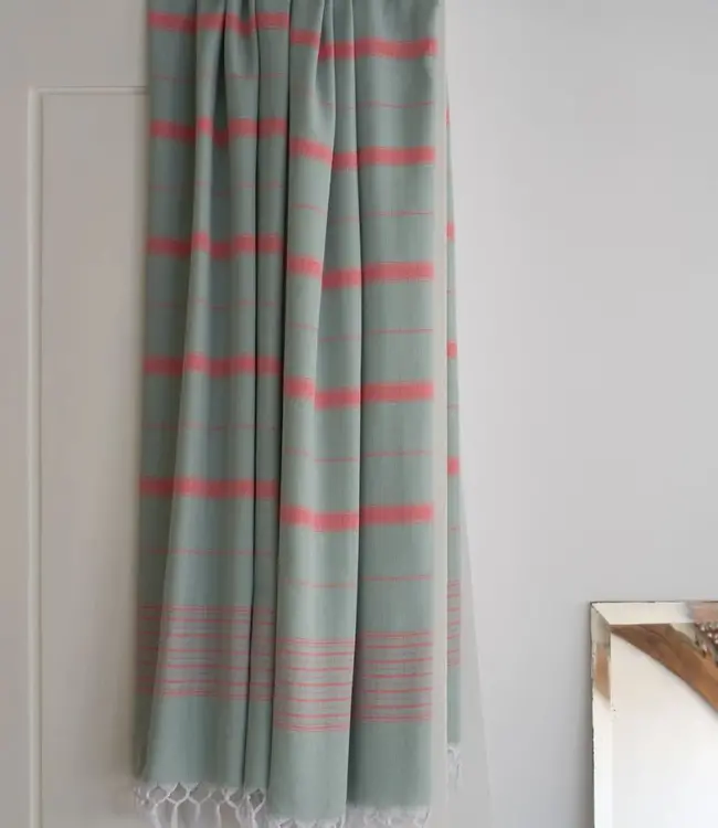2 kleuren hamamdoek grijsgroen/koraalrood 170x100cm