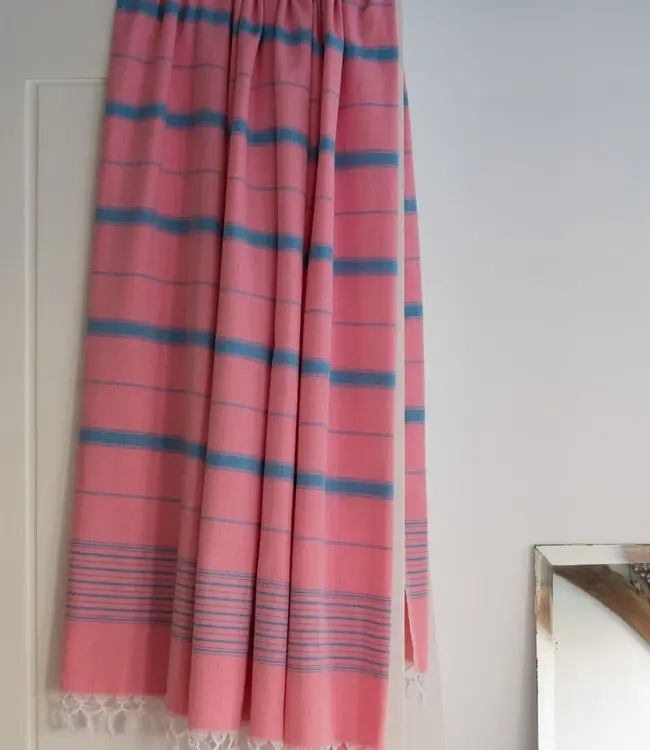 2 kleuren hamamdoek koraalrood/mediteraanblauw 170x100cm