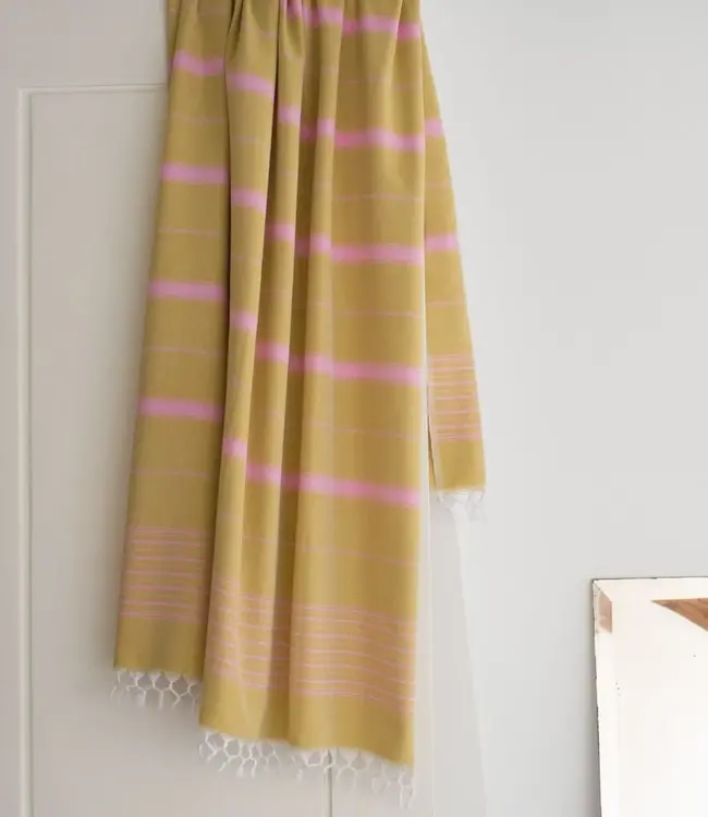 2 kleuren hamamdoek mosterd/sorbetroze 170x100cm