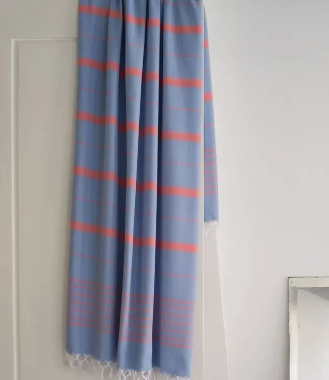 2 kleuren XXL hamamdoek blauw/koraalrood 220x160cm