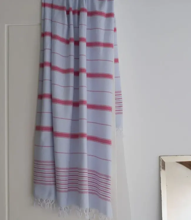 2 kleuren XXL hamamdoek lichtblauw/robijnrood 220x160cm