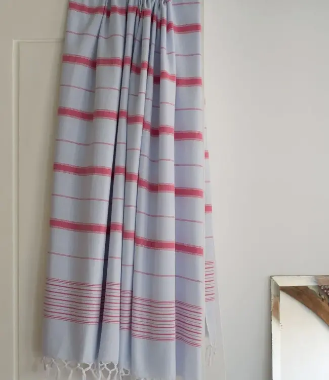 2 kleuren XXL hamamdoek lichtblauw/robijnrood 220x160cm