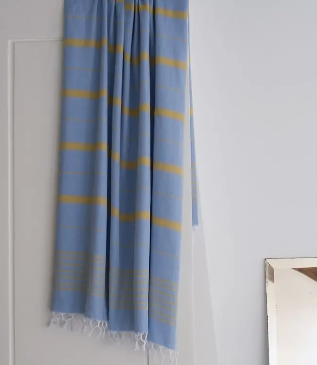 2 kleuren XXL hamamdoek blauw/mosterd 220x160cm
