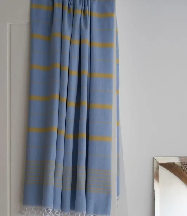 2 kleuren XXL hamamdoek blauw/mosterd 220x160cm