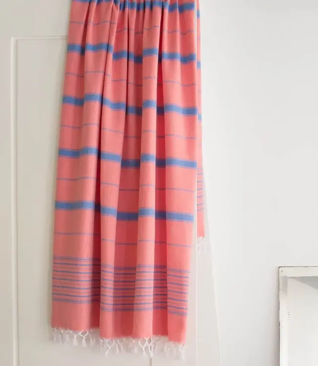 2 kleuren XXL hamamdoek koraalrood/mediteraanblauw 220x160cm