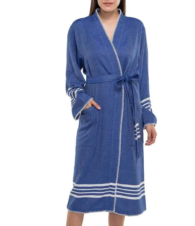 hamam badjas Krem Sultan royal blue met farmer stitch