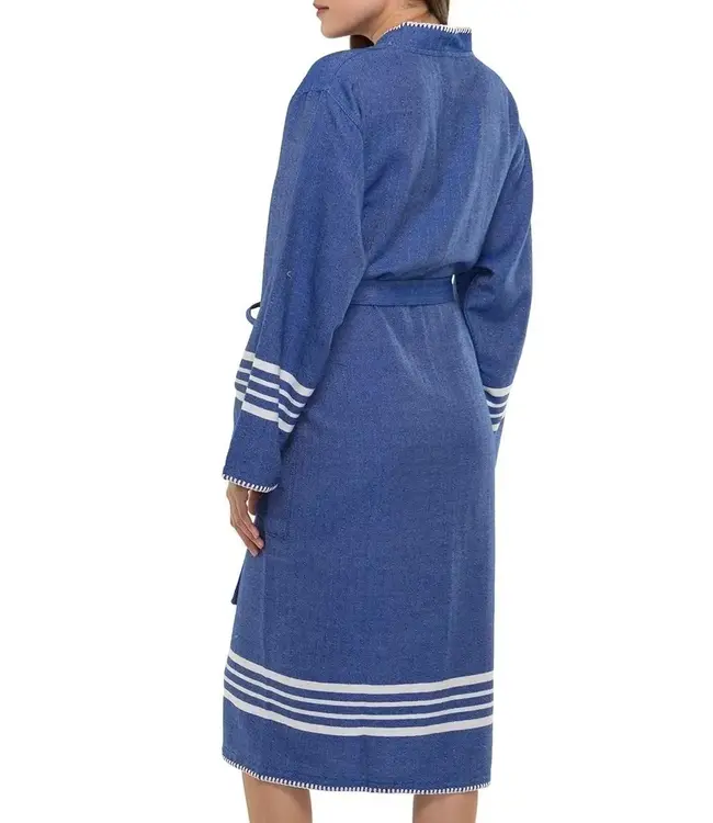 hamam badjas Krem Sultan royal blue met farmer stitch