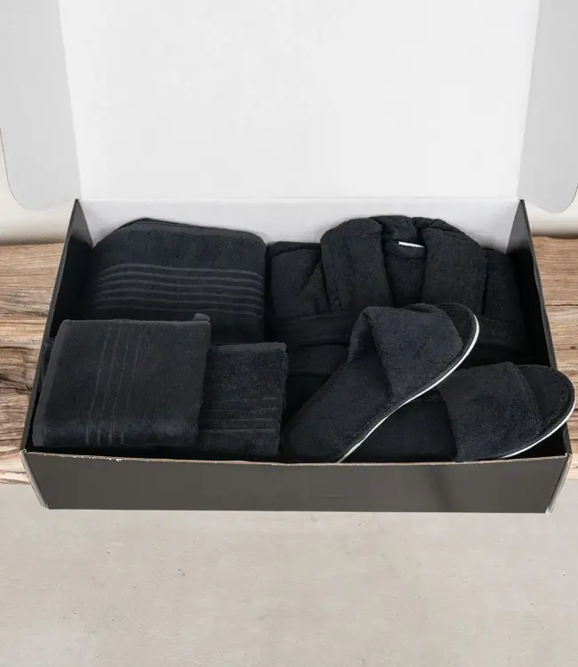 sauna pakket badjas met badstof handdoek en slippers – zwart