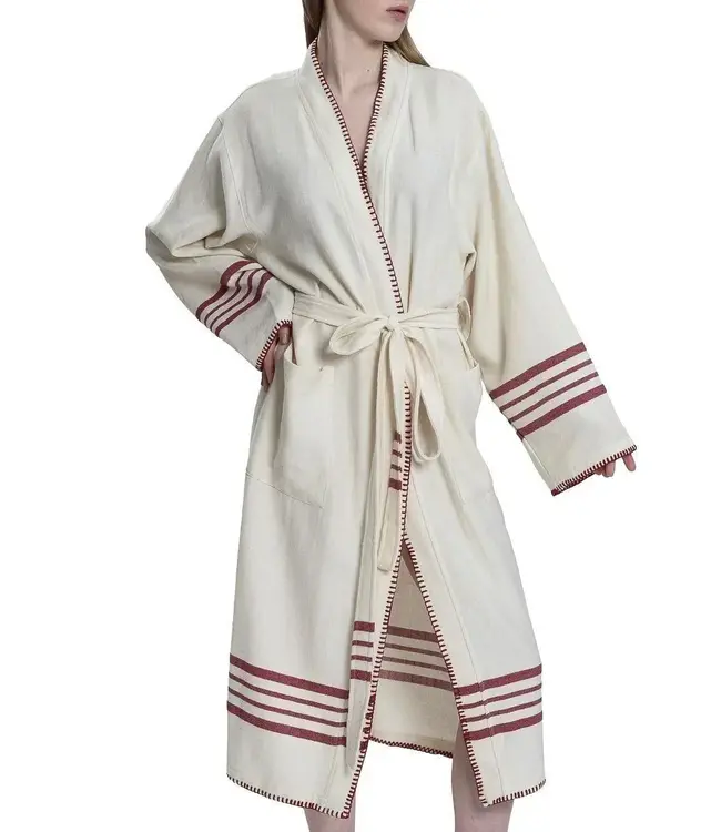 hamam badjas Krem Sultan natural bordeaux met farmer stitch