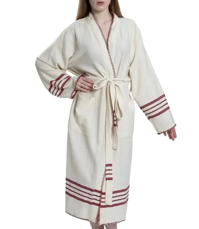 hamam badjas Krem Sultan natural bordeaux met farmer stitch