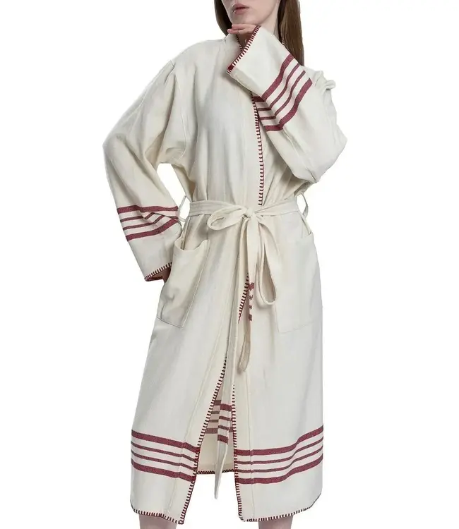 hamam badjas Krem Sultan natural bordeaux met farmer stitch