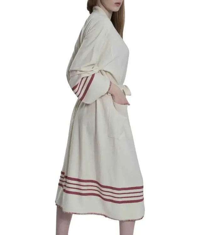 hamam badjas Krem Sultan natural bordeaux met farmer stitch