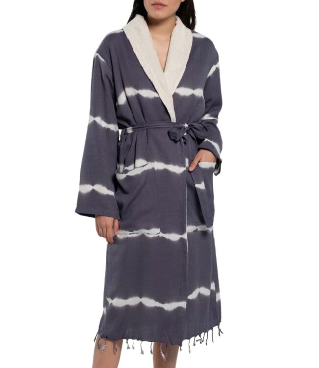 dames badjas badstof tie dye dark grey
