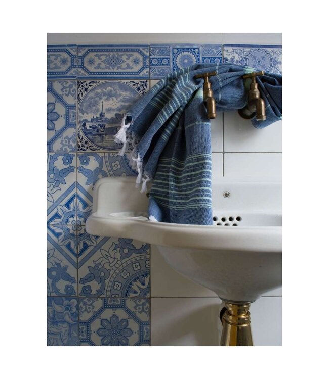 hammamhanddoek dun marineblauw/helderzeegroen 100x50cm