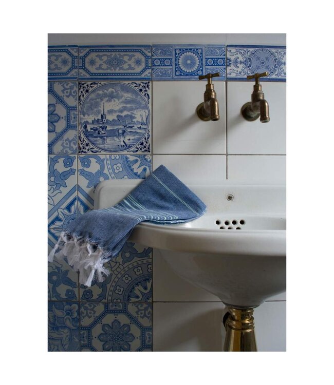 hammamhanddoek dun marineblauw/helderzeegroen 100x50cm