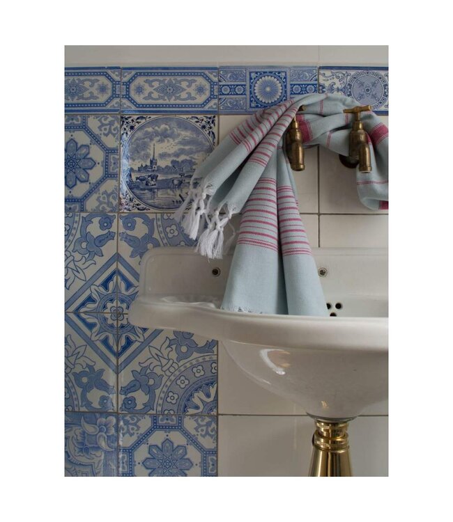 hammamhanddoek dun  zeegroen/cerise 100x50cm