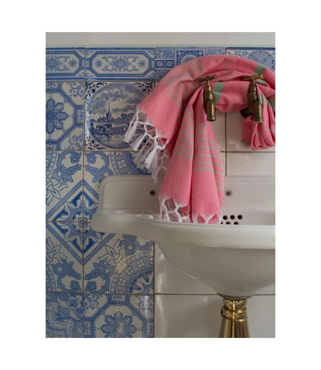 hammamhanddoek dun  zuurstokroze/pistache 100x50cm