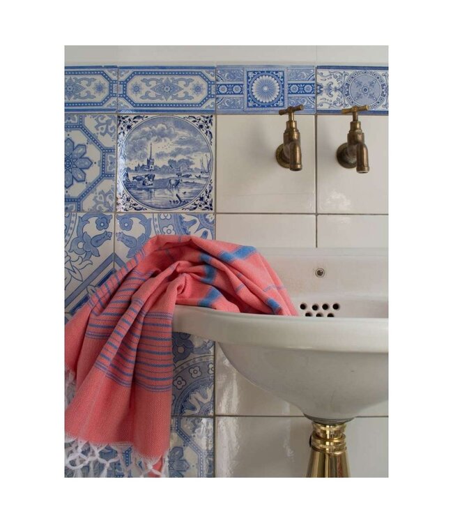 hammamhanddoek dun  koraalrood/mediteraanblauw 100x50cm