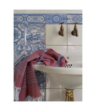 Ottomania hammamhanddoek dun bordeauxrood/blauw