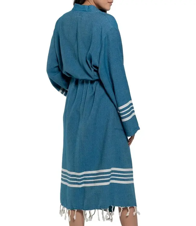 hamam badjas Krem Sultan petrol blue - zonder franje onderzijde