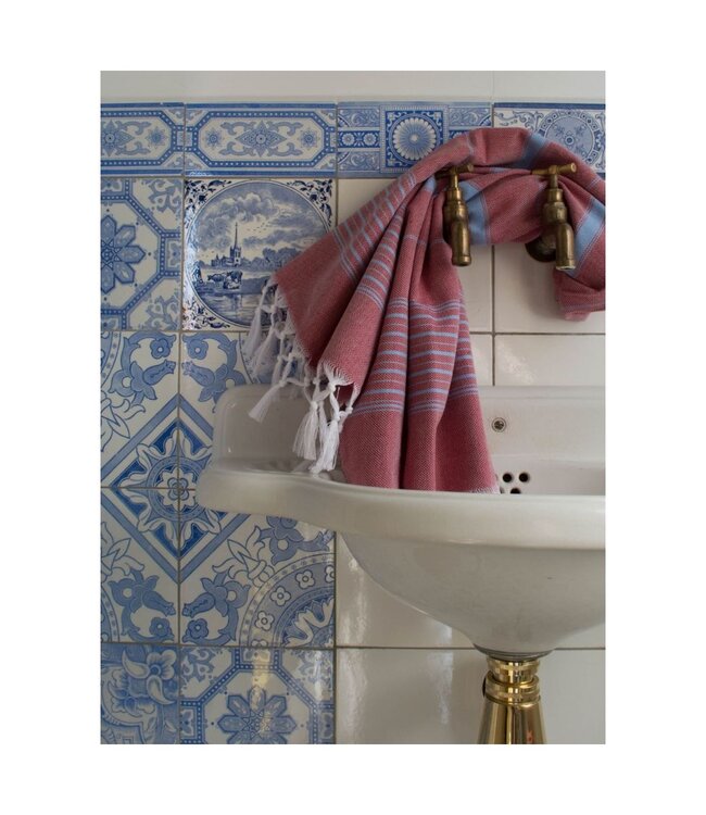 hammamhanddoek dun bordeauxrood/blauw 100x50cm