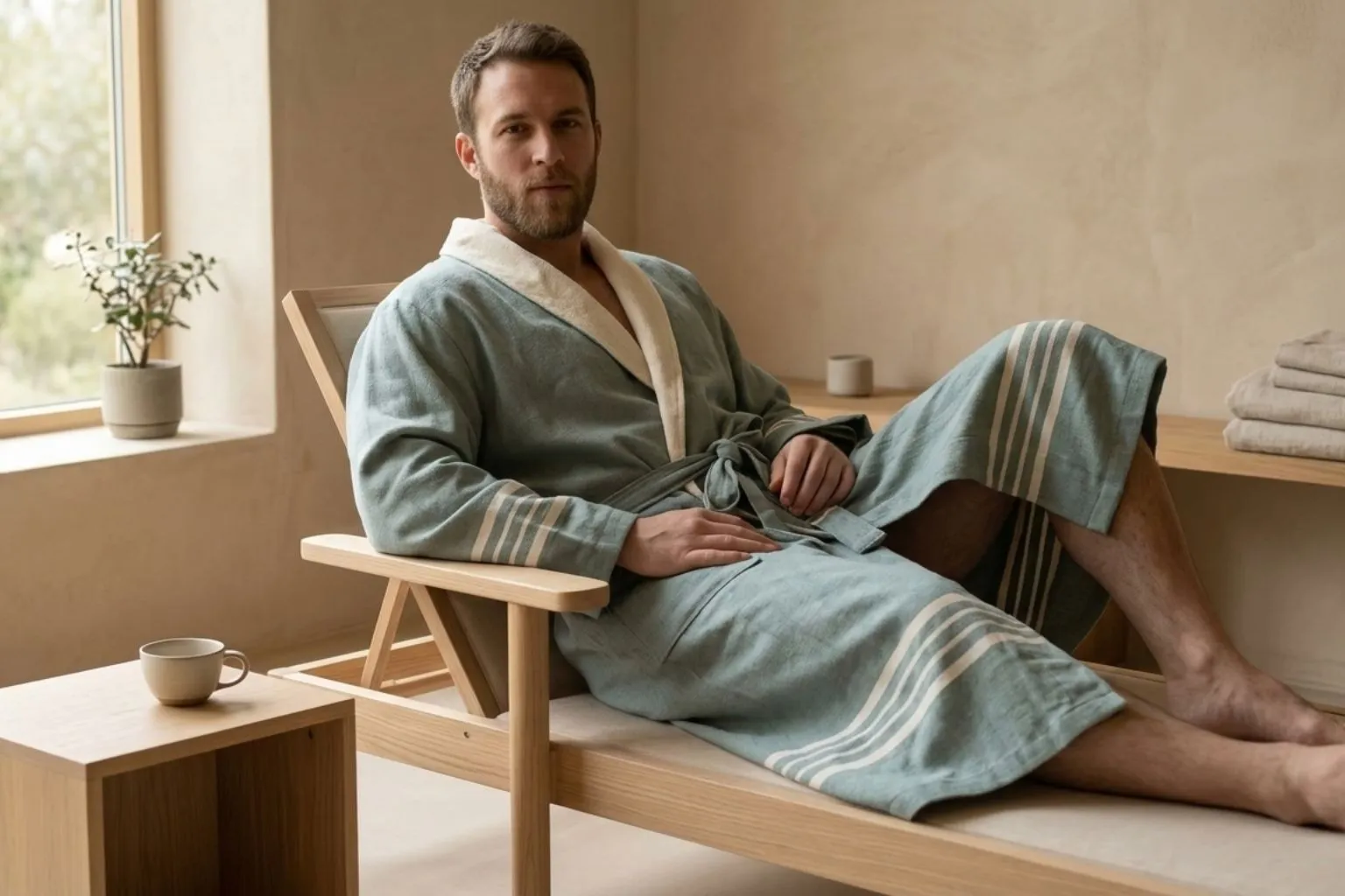man in hamam badjas op ligbed in rustruimte van sauna
