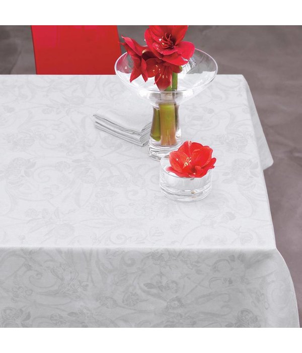 Le Jacquard Français wit damast tafellinnen Tivoli blanc,  100% gekamd linnen
