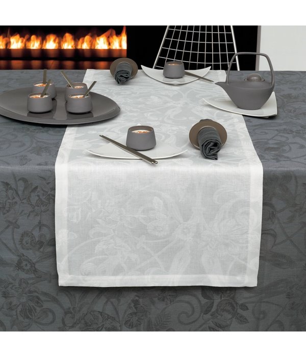 Le Jacquard Français wit damast tafellinnen Tivoli blanc,  100% gekamd linnen