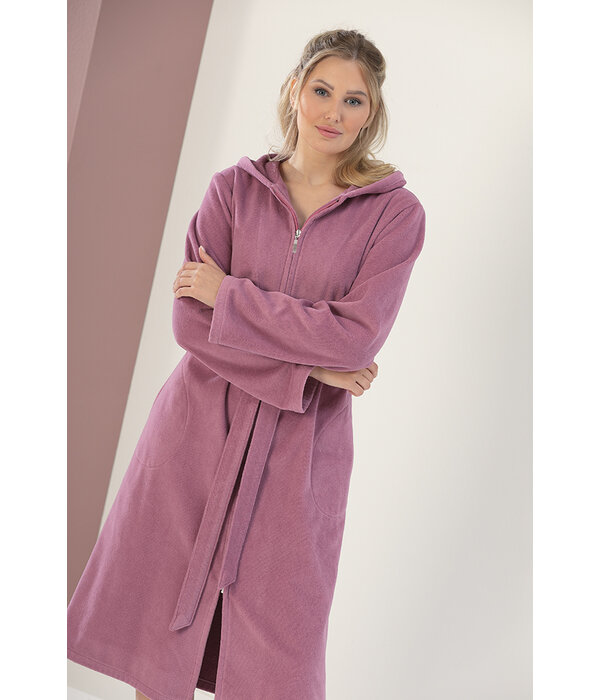 Cawö dames badjas roze met rits & capuchon, 837 (blush 22)