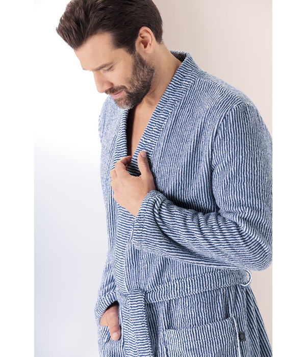 Cawö heren badjas blauw - wit gestreept,  met kimonokraag 3834 (16)