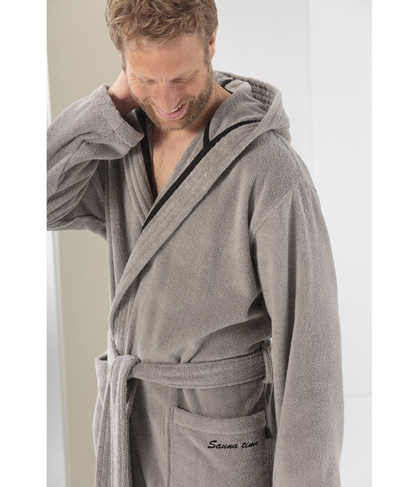 Cawö heren badjas met kapuchon grijs/taupe, Sauna Time 833, stein (79)