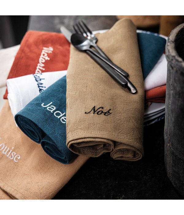 Le Jacquard Français gecoat tafellinnen Vegetal mood brown, 100% katoen, vanaf