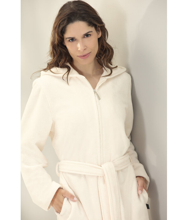 Cawö dames badjas roomwit met rits eb capuchon, 837 (33 champagner)