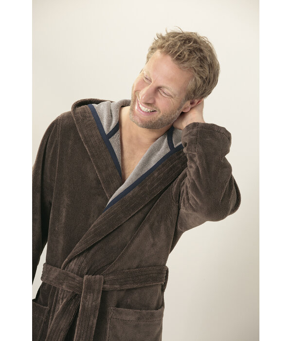 Cawö heren badjas met kapuchon bruin (mokka), Doubleface 831 (31)
