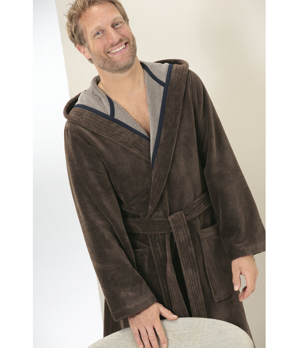 Cawö heren badjas met kapuchon bruin (mokka), Doubleface 831 (31)