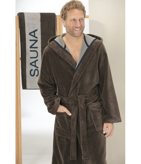 Cawö heren badjas met kapuchon bruin (mokka), Doubleface 831 (31)