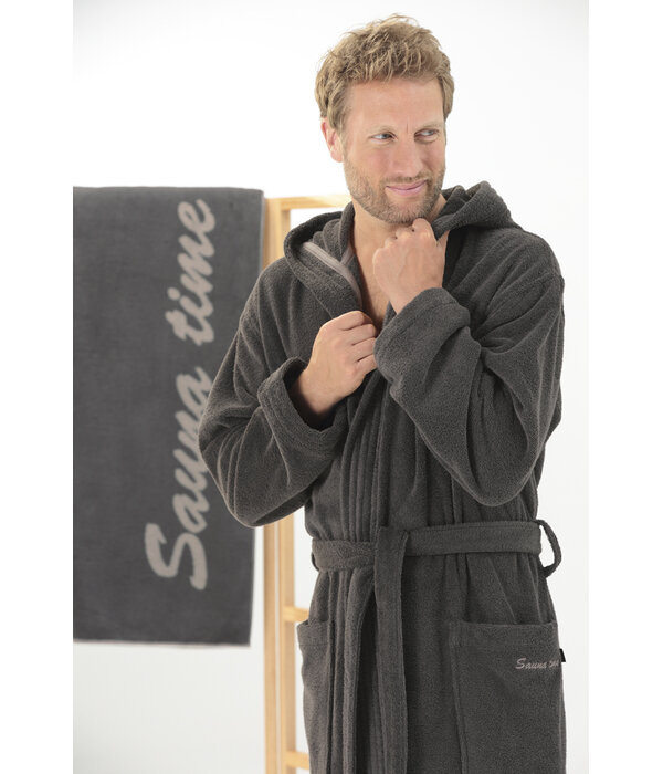 Cawö heren badjas met kapuchon donker grijs, Sauna Time 833, basalt (77)