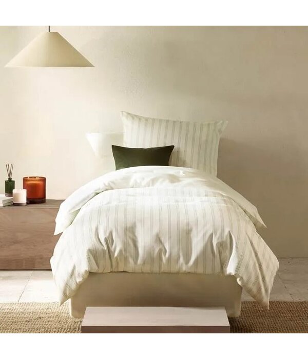 De Witte Lietaer offwhite met groene streep dekbedovertrekset Chiara winter moss 200TC