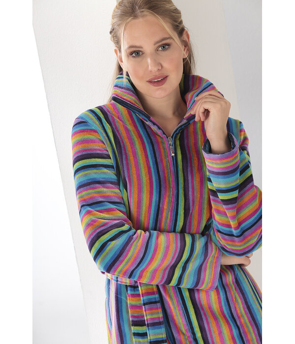 Cawö dames badjas multicolor 1456 kleurrijk (14), licht velours, 2-weg rits