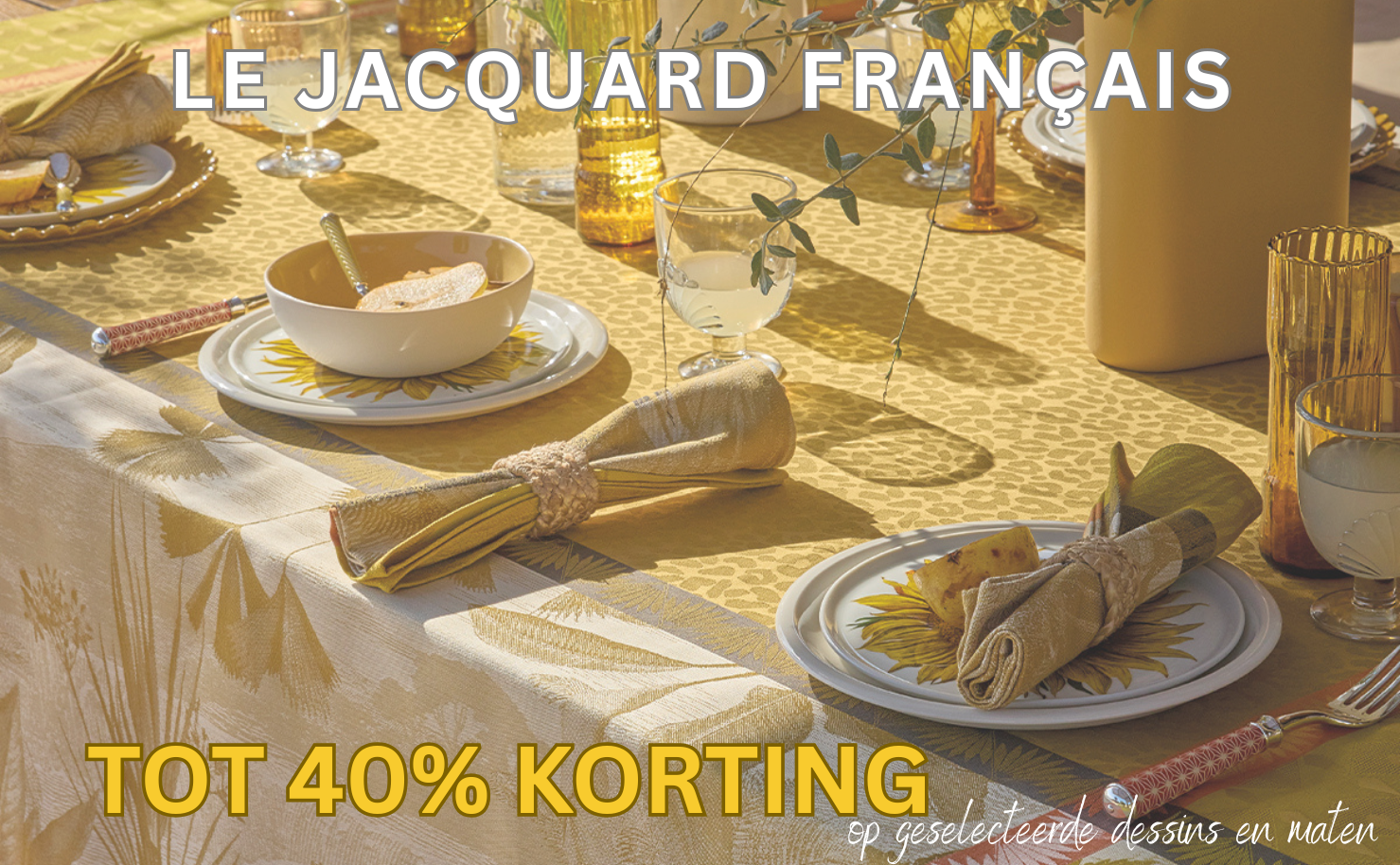 Sale: Mooi gedekte tafels met Le Jacquard Francais tafelinnen