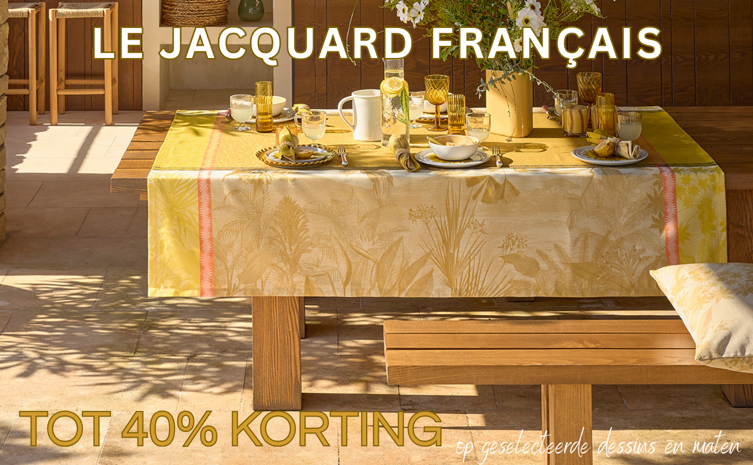 Sale: Mooi gedekte tafels met Le Jacquard Francais tafelinnen
