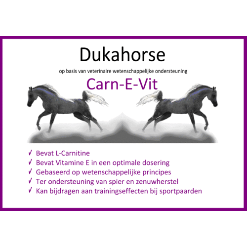 CarnEvit DutchTopAnimal heeft voor DukaHorse Carn-E-vit ontwikkeld. Een uniek voedingssupplement voor paarden, dat bestaat uit een gebalanceerde combinatie van L-Carnitine en Vitamine E. Het ondersteunt