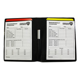 Ensemble de cartes : carte rouge, carte jaune, bloc-notes et crayon